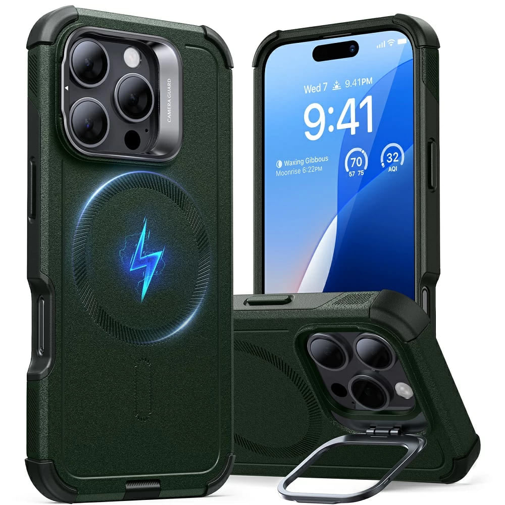 MagSafe-deksel for Apple iPhone 16 Pro Max, ESR, Cyber Armor Kickstand, Grønn