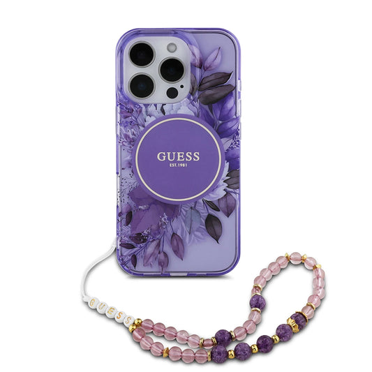MagSafe-deksel for Apple iPhone 16 Pro Max, Guess, IML Flowers with Pearl Strap, Lilla