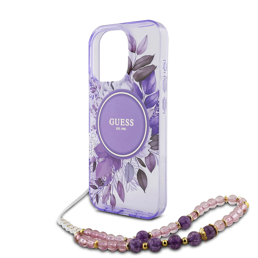 MagSafe-deksel for Apple iPhone 16 Pro Max, Guess, IML Flowers with Pearl Strap, Lilla