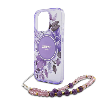 MagSafe-deksel for Apple iPhone 16 Pro Max, Guess, IML Flowers with Pearl Strap, Lilla