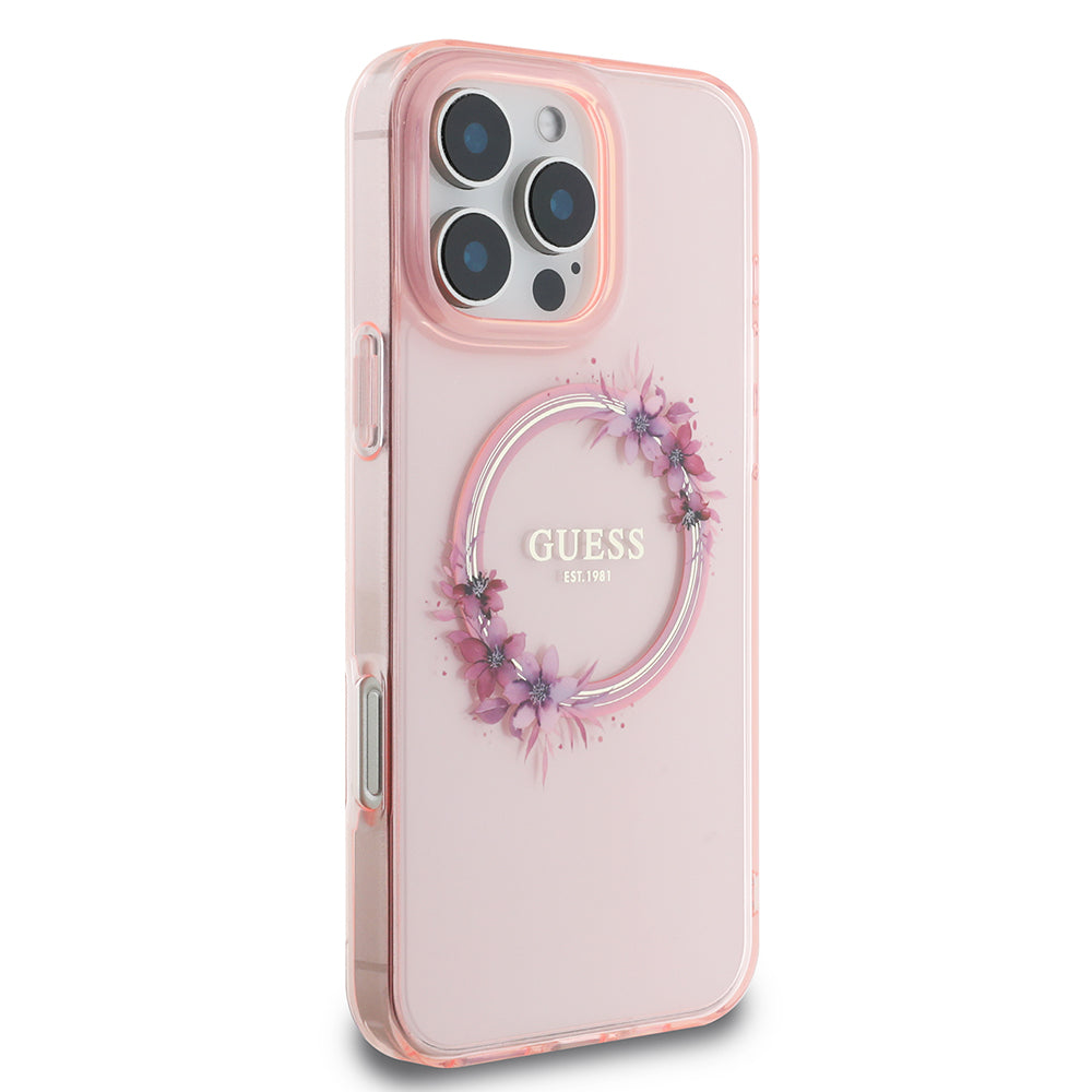 MagSafe-deksel for Apple iPhone 16 Pro Max, Guess, IML Flowers Wreath, Rosa