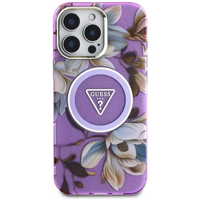 MagSafe-deksel for Apple iPhone 16 Pro Max, Guess, IML Metal Glitter Flowers Triangle, Lilla