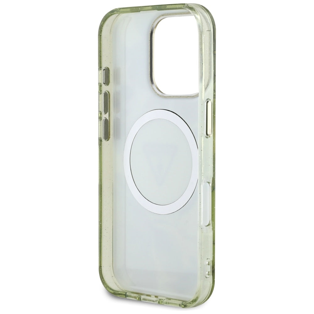 MagSafe-deksel for Apple iPhone 16 Pro Max, Guess, IML Metal Glitter Flowers Triangle, Grønn