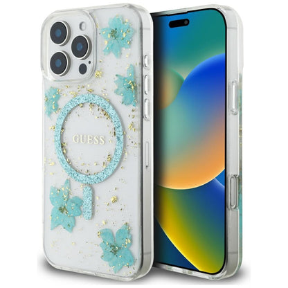 MagSafe-deksel for Apple iPhone 16 Pro Max, Guess, Resin Flowers and Glitter, Turkis