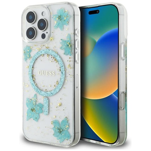 MagSafe-deksel for Apple iPhone 16 Pro Max, Guess, Resin Flowers and Glitter, Turkis