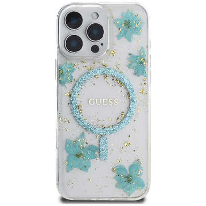 MagSafe-deksel for Apple iPhone 16 Pro Max, Guess, Resin Flowers and Glitter, Turkis