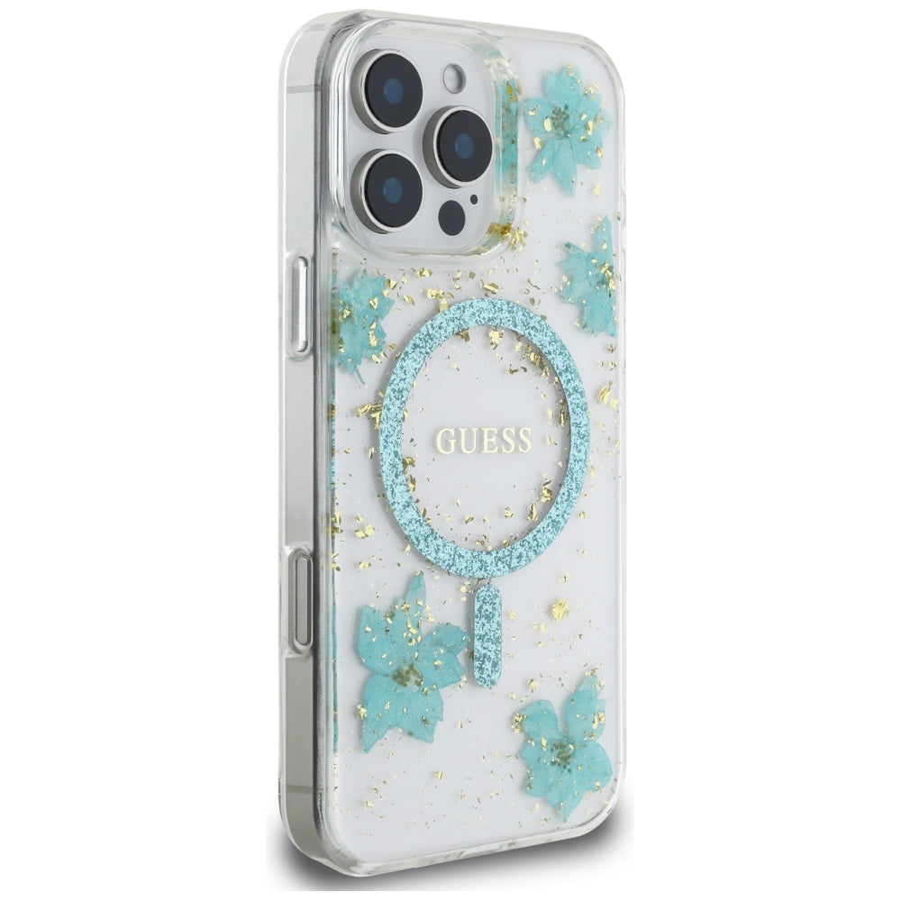 MagSafe-deksel for Apple iPhone 16 Pro Max, Guess, Resin Flowers and Glitter, Turkis