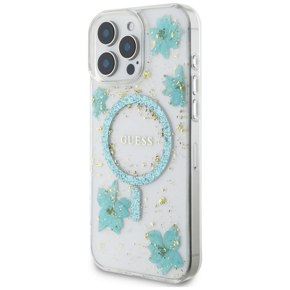 MagSafe-deksel for Apple iPhone 16 Pro Max, Guess, Resin Flowers and Glitter, Turkis