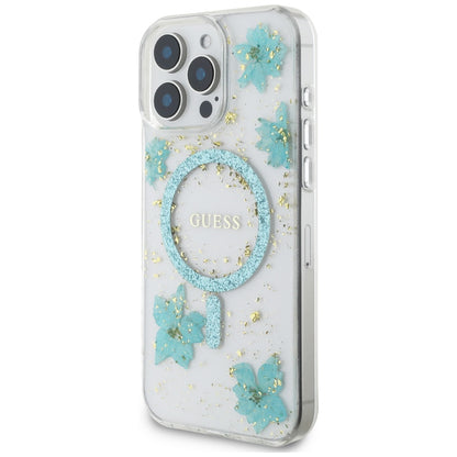 MagSafe-deksel for Apple iPhone 16 Pro Max, Guess, Resin Flowers and Glitter, Turkis