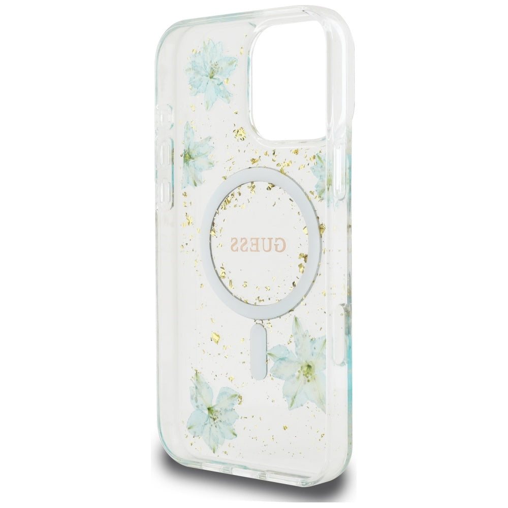 MagSafe-deksel for Apple iPhone 16 Pro Max, Guess, Resin Flowers and Glitter, Turkis