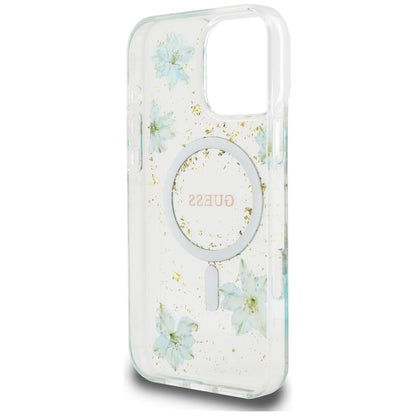 MagSafe-deksel for Apple iPhone 16 Pro Max, Guess, Resin Flowers and Glitter, Turkis