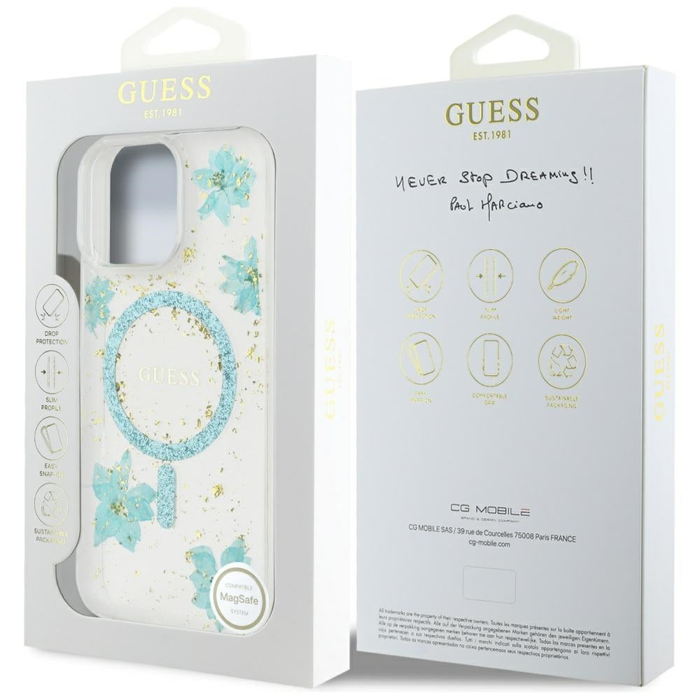 MagSafe-deksel for Apple iPhone 16 Pro Max, Guess, Resin Flowers and Glitter, Turkis