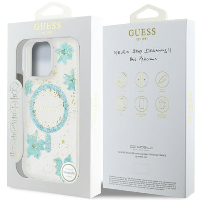 MagSafe-deksel for Apple iPhone 16 Pro Max, Guess, Resin Flowers and Glitter, Turkis