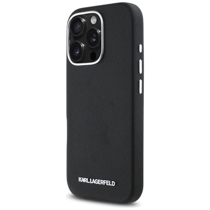 MagSafe-deksel for Apple iPhone 16 Pro Max, Karl Lagerfeld, Saffiano Full Wrapped Elongated Metal Logo, Svart