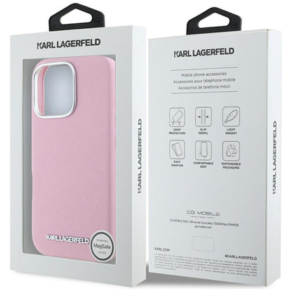 MagSafe-deksel for Apple iPhone 16 Pro Max, Karl Lagerfeld, Saffiano Full Wrapped Elongated Metal Logo, Rosa