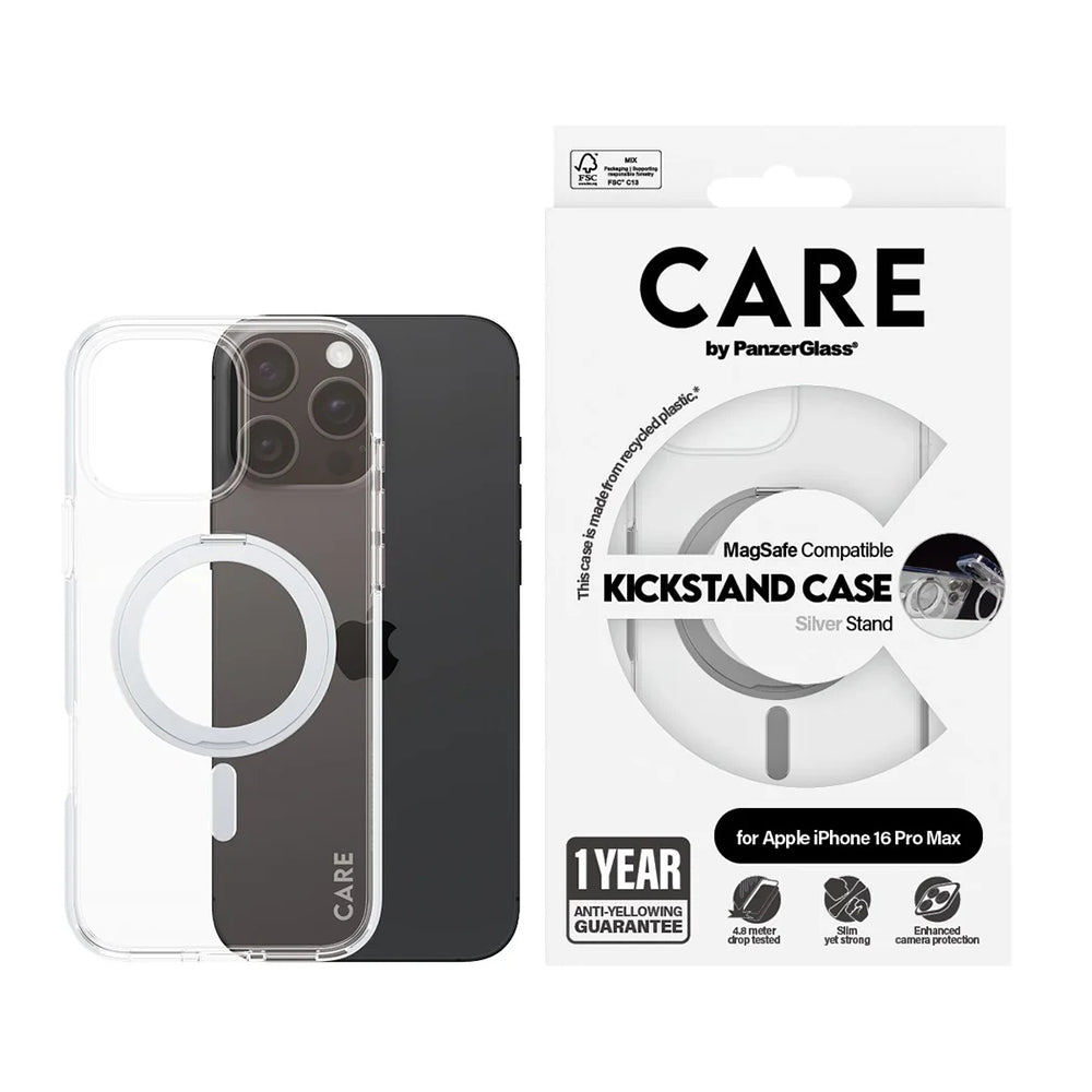 MagSafe-deksel for Apple iPhone 16 Pro Max, PanzerGlass, Care Feature Kickstand, Sølv Transparent