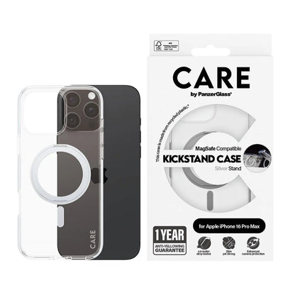 MagSafe-deksel for Apple iPhone 16 Pro Max, PanzerGlass, Care Feature Kickstand, Sølv Transparent