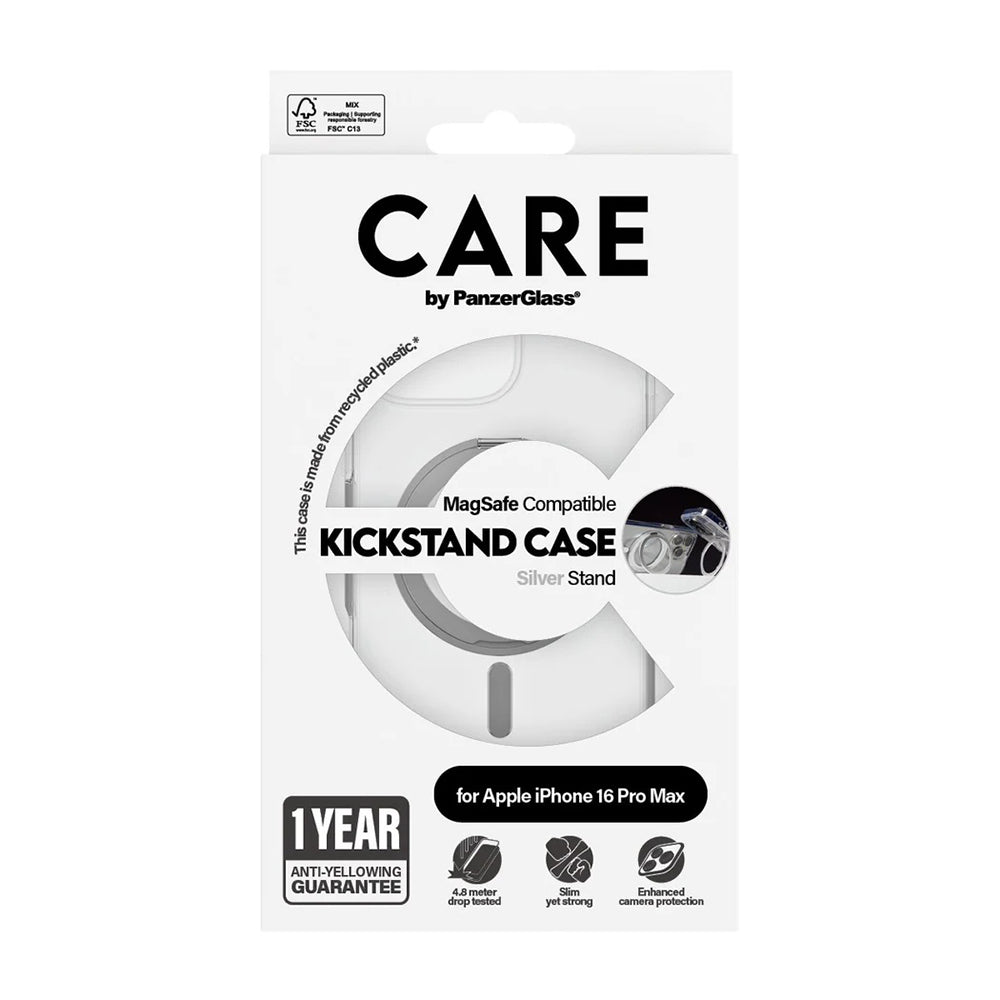 MagSafe-deksel for Apple iPhone 16 Pro Max, PanzerGlass, Care Feature Kickstand, Sølv Transparent