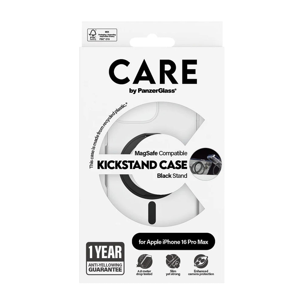 MagSafe-deksel for Apple iPhone 16 Pro Max, PanzerGlass, Care Feature Kickstand, Svart Transparent