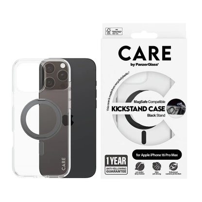 MagSafe-deksel for Apple iPhone 16 Pro Max, PanzerGlass, Care Feature Kickstand, Svart Transparent