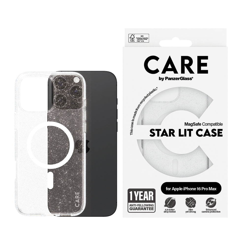 MagSafe-deksel for Apple iPhone 16 Pro Max, PanzerGlass, Care Urban Combat Star Lit, Transparent Hvit