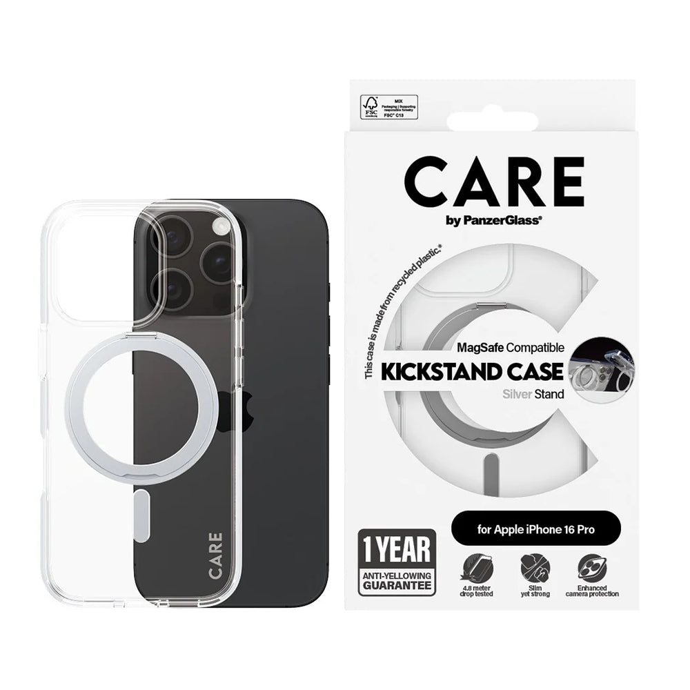 MagSafe-deksel for Apple iPhone 16 Pro, PanzerGlass, Care Feature Kickstand, Sølvtransparent