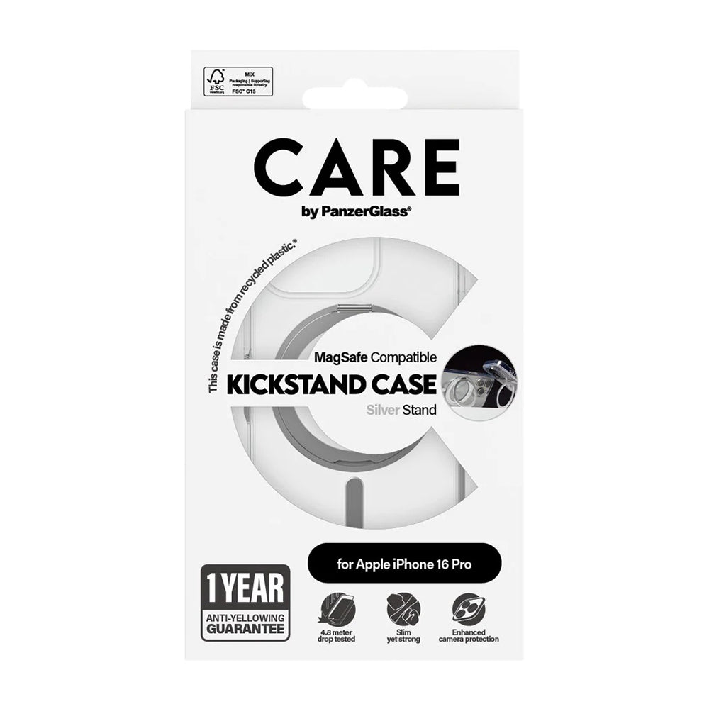 MagSafe-deksel for Apple iPhone 16 Pro, PanzerGlass, Care Feature Kickstand, Sølvtransparent