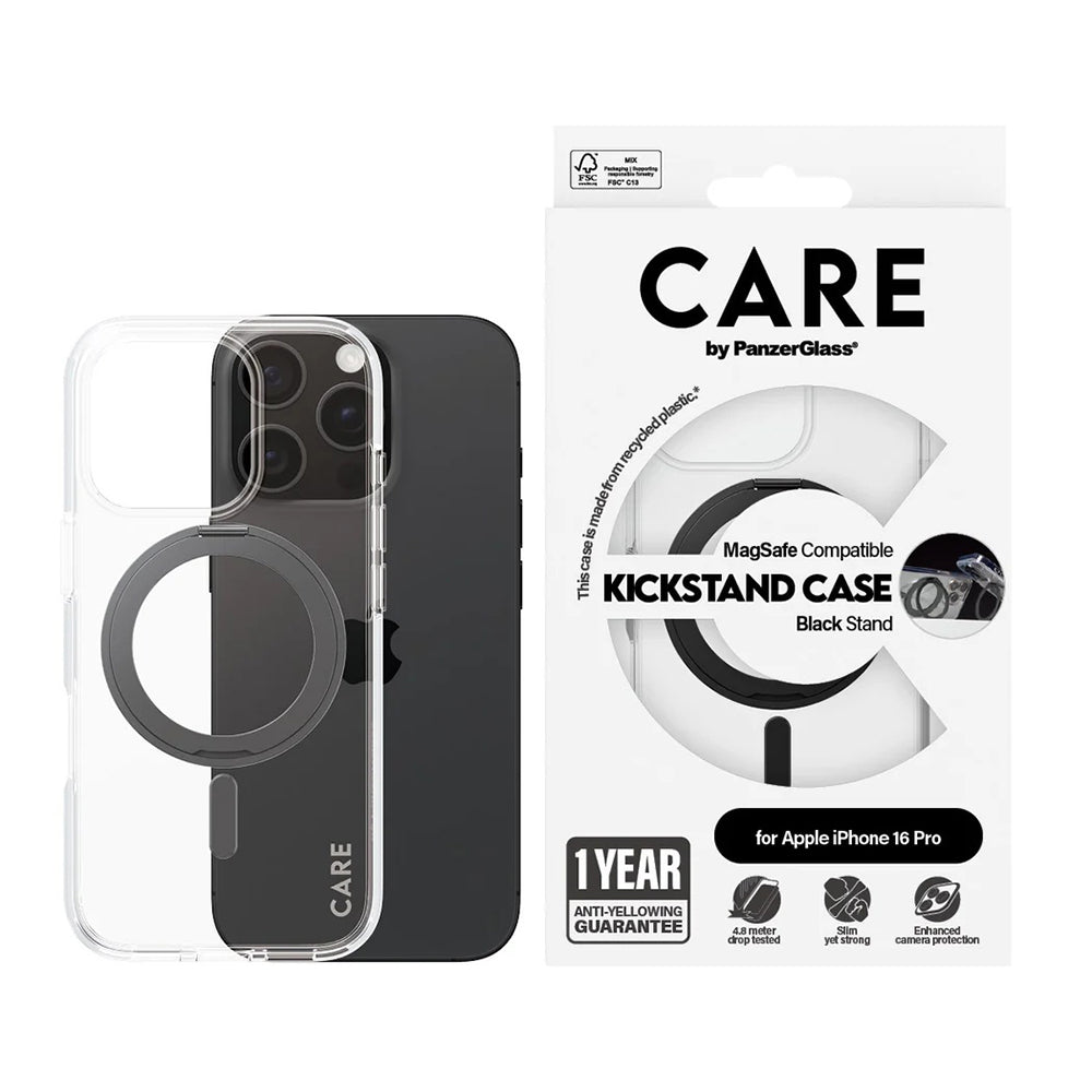 MagSafe-deksel for Apple iPhone 16 Pro, PanzerGlass, Care Feature Kickstand, Svart Transparent