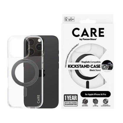 MagSafe-deksel for Apple iPhone 16 Pro, PanzerGlass, Care Feature Kickstand, Svart Transparent