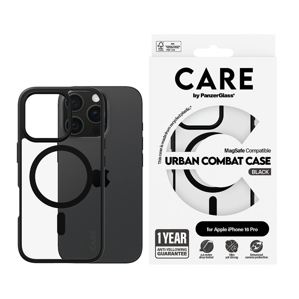 MagSafe-deksel for Apple iPhone 16 Pro, PanzerGlass, Urban Combat Care, Svart Gjennomsiktig