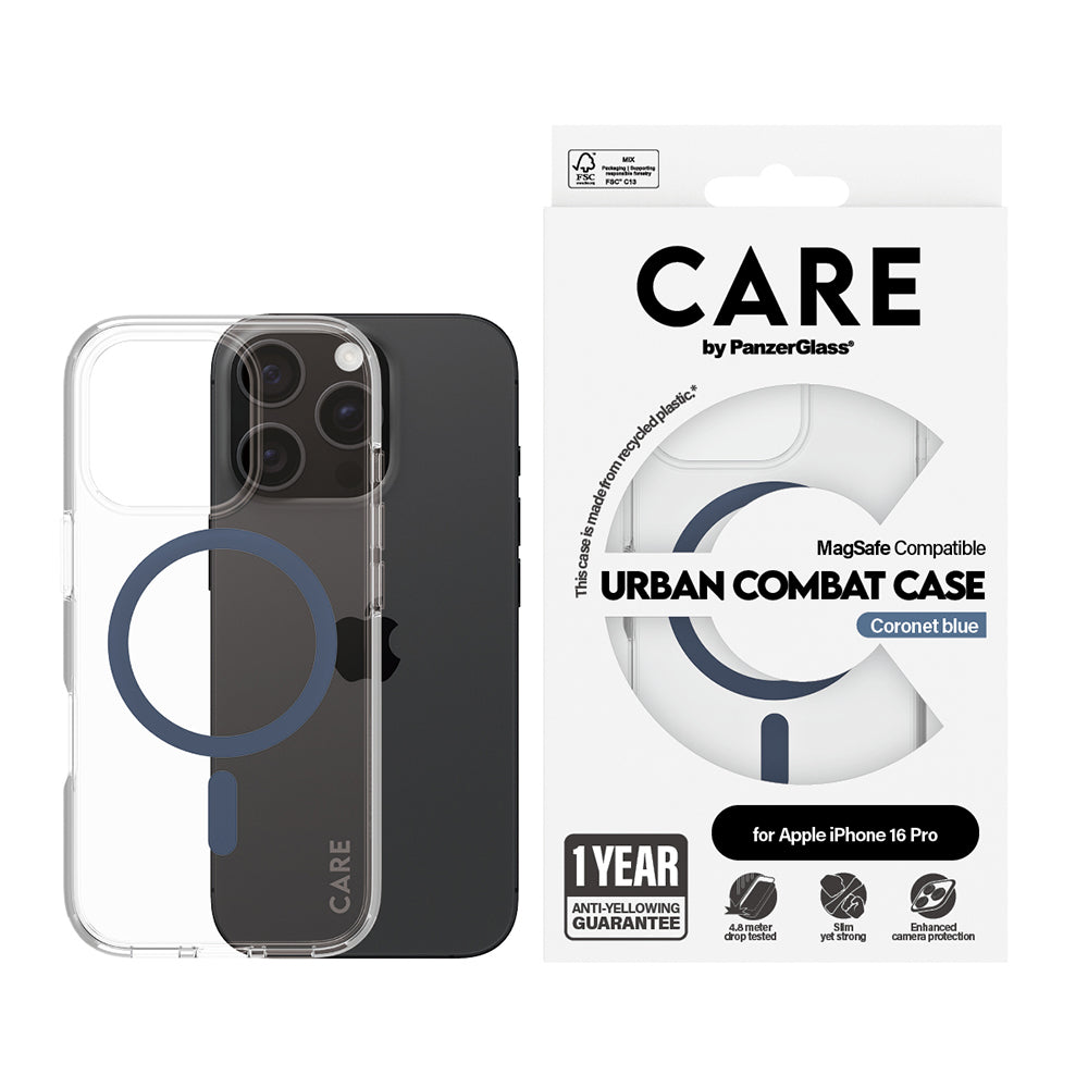 MagSafe-deksel for Apple iPhone 16 Pro, PanzerGlass, Care Urban Combat, Blå Transparent