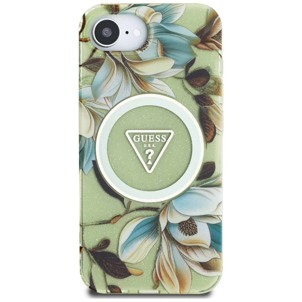 MagSafe-deksel for Apple iPhone 16e, Guess, IML Metal Glitter Flowers Triangle, Grønn