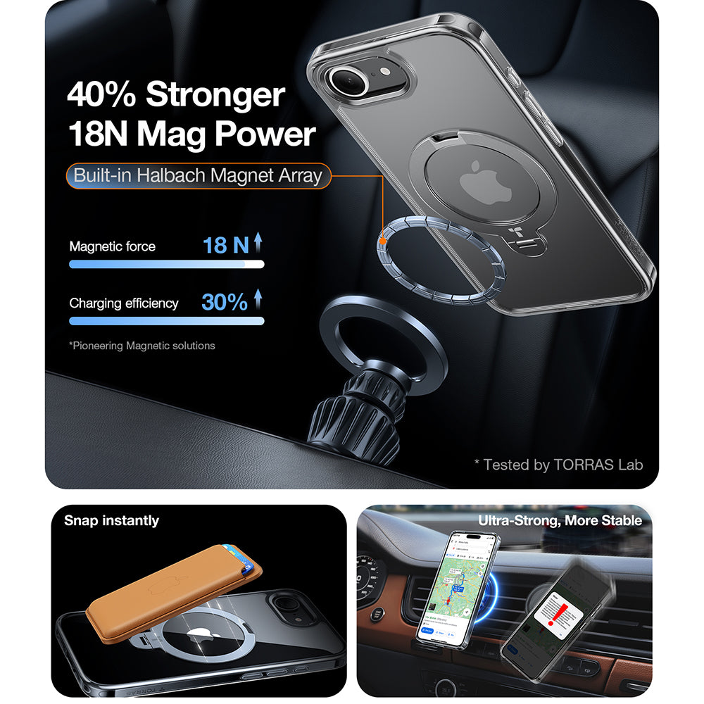 MagSafe-deksel for Apple iPhone 17e / 16e, Torras, Ostand Spin, Gjennomsiktig
