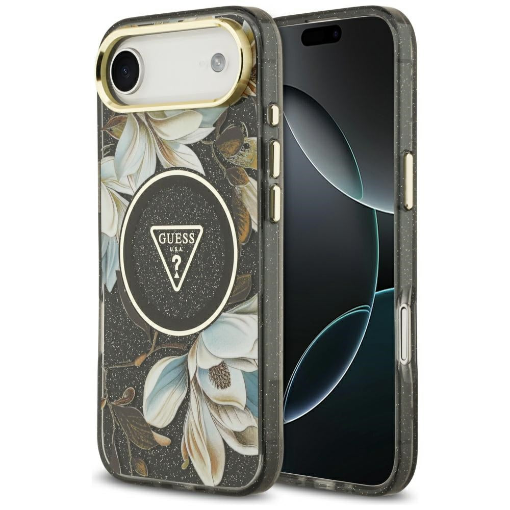 MagSafe-deksel for Apple iPhone 17 Air, Guess, IML Metal Glitter Flowers Triangle, Svart