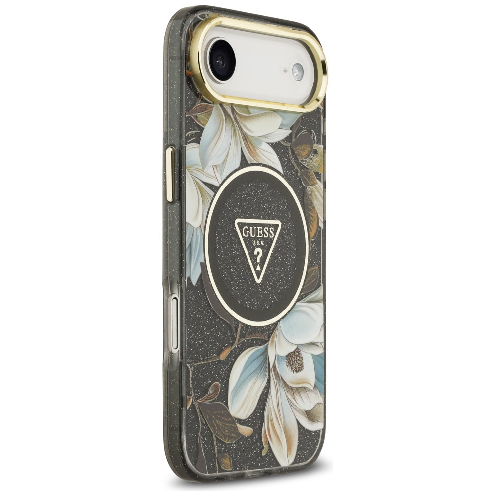 MagSafe-deksel for Apple iPhone 17 Air, Guess, IML Metal Glitter Flowers Triangle, Svart