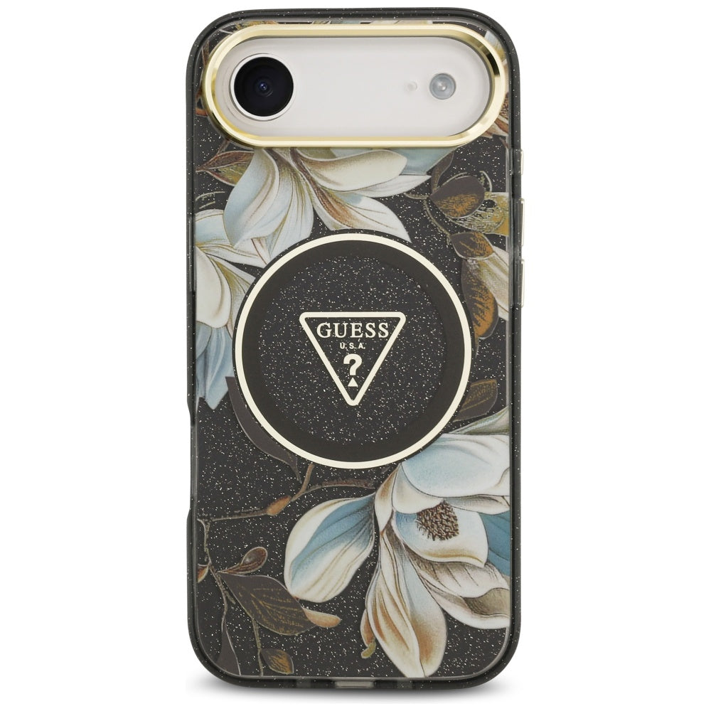 MagSafe-deksel for Apple iPhone 17 Air, Guess, IML Metal Glitter Flowers Triangle, Svart