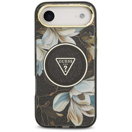 MagSafe-deksel for Apple iPhone 17 Air, Guess, IML Metal Glitter Flowers Triangle, Svart