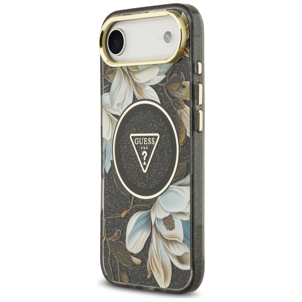 MagSafe-deksel for Apple iPhone 17 Air, Guess, IML Metal Glitter Flowers Triangle, Svart