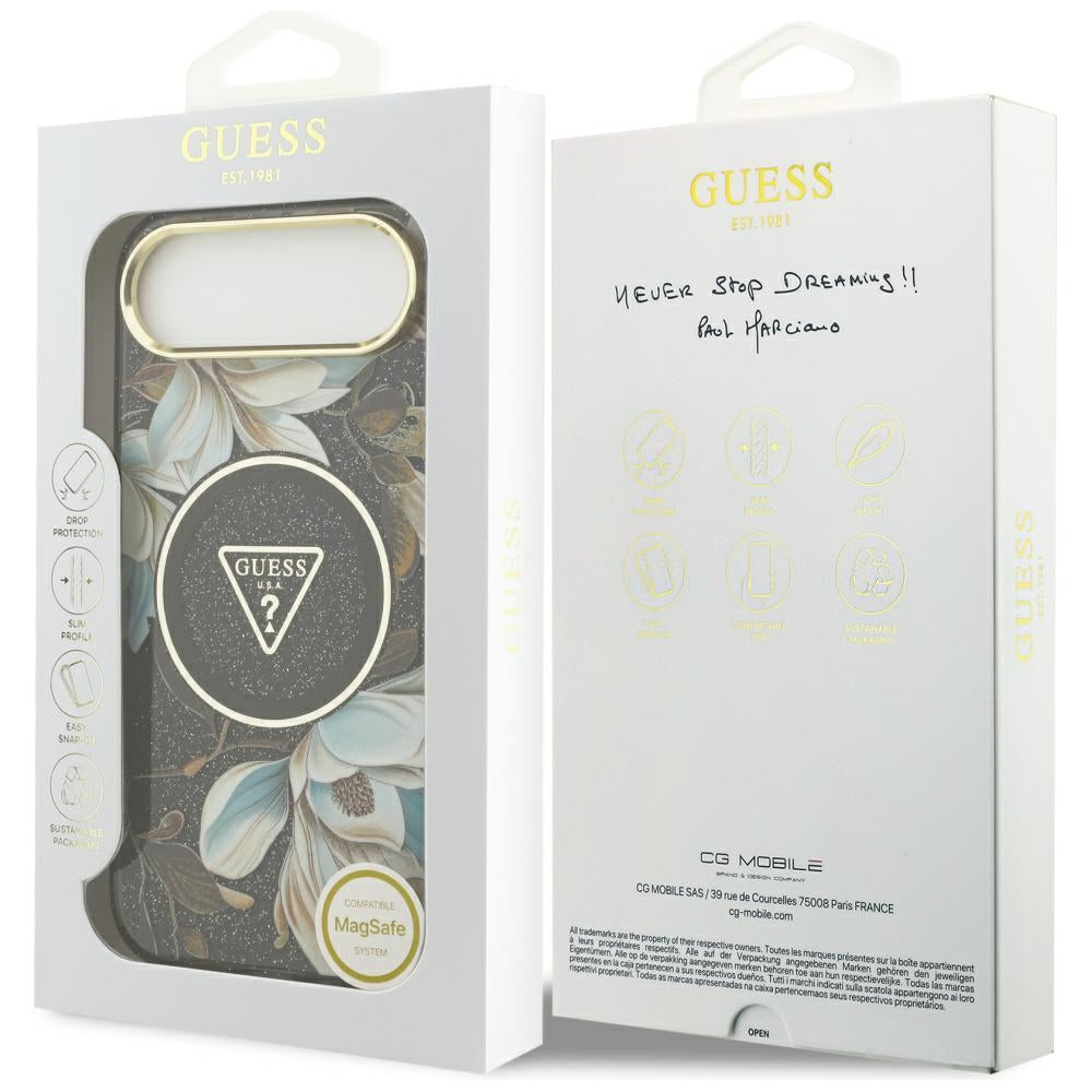 MagSafe-deksel for Apple iPhone 17 Air, Guess, IML Metal Glitter Flowers Triangle, Svart