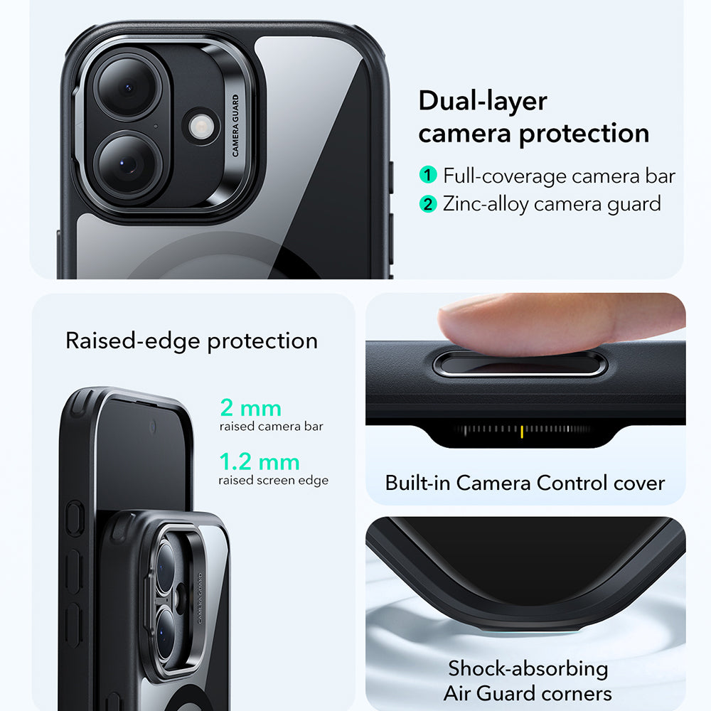 MagSafe-deksel for Apple iPhone 17, ESR, Classic Hybrid Kickstand, Svart Gjennomsiktig