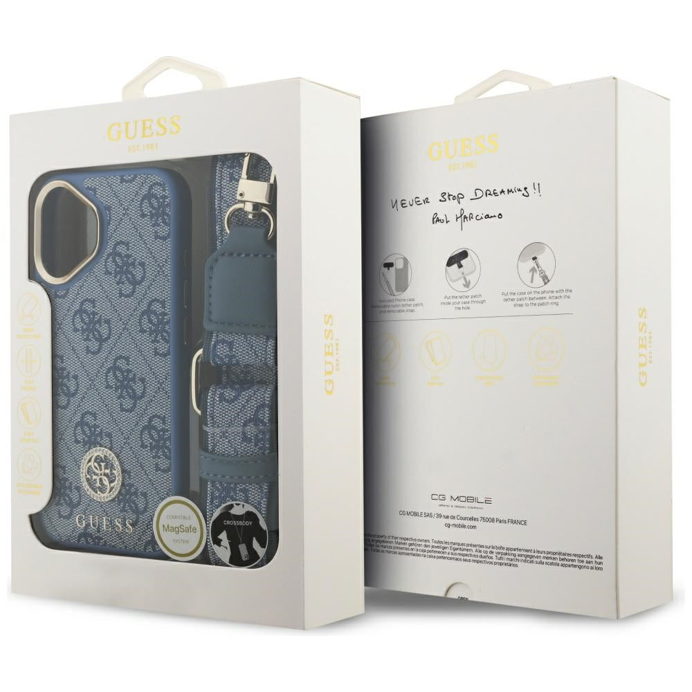MagSafe-deksel for Apple iPhone 17, Guess, 4G Strass Logo with Big Strap, Blå