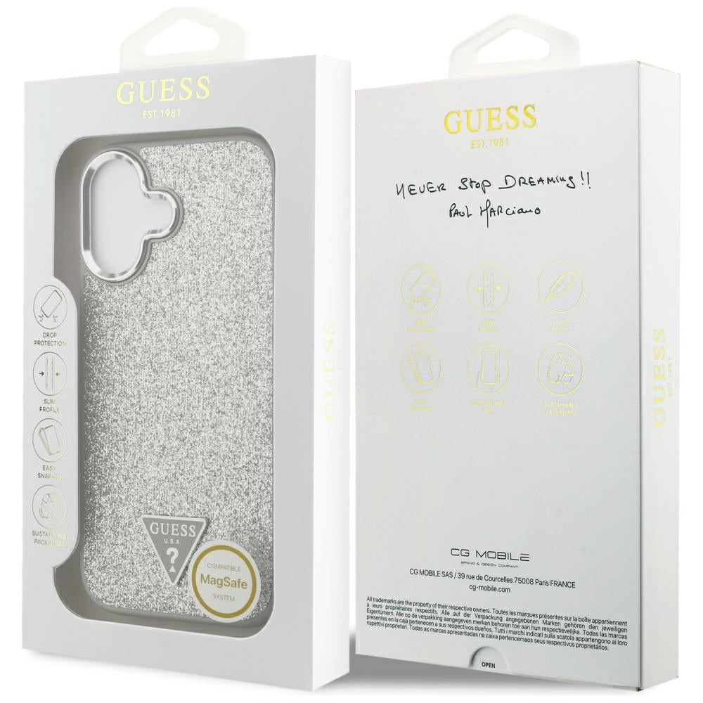 MagSafe-deksel for Apple iPhone 17, Guess, Glitter Triangle Logo, Sølv