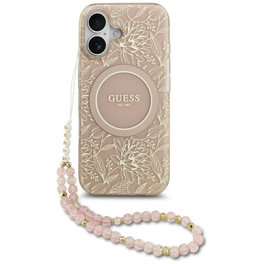 MagSafe-deksel for Apple iPhone 17, Guess, IML Flowers Allover Electroplated with Pearl Strap, Svart