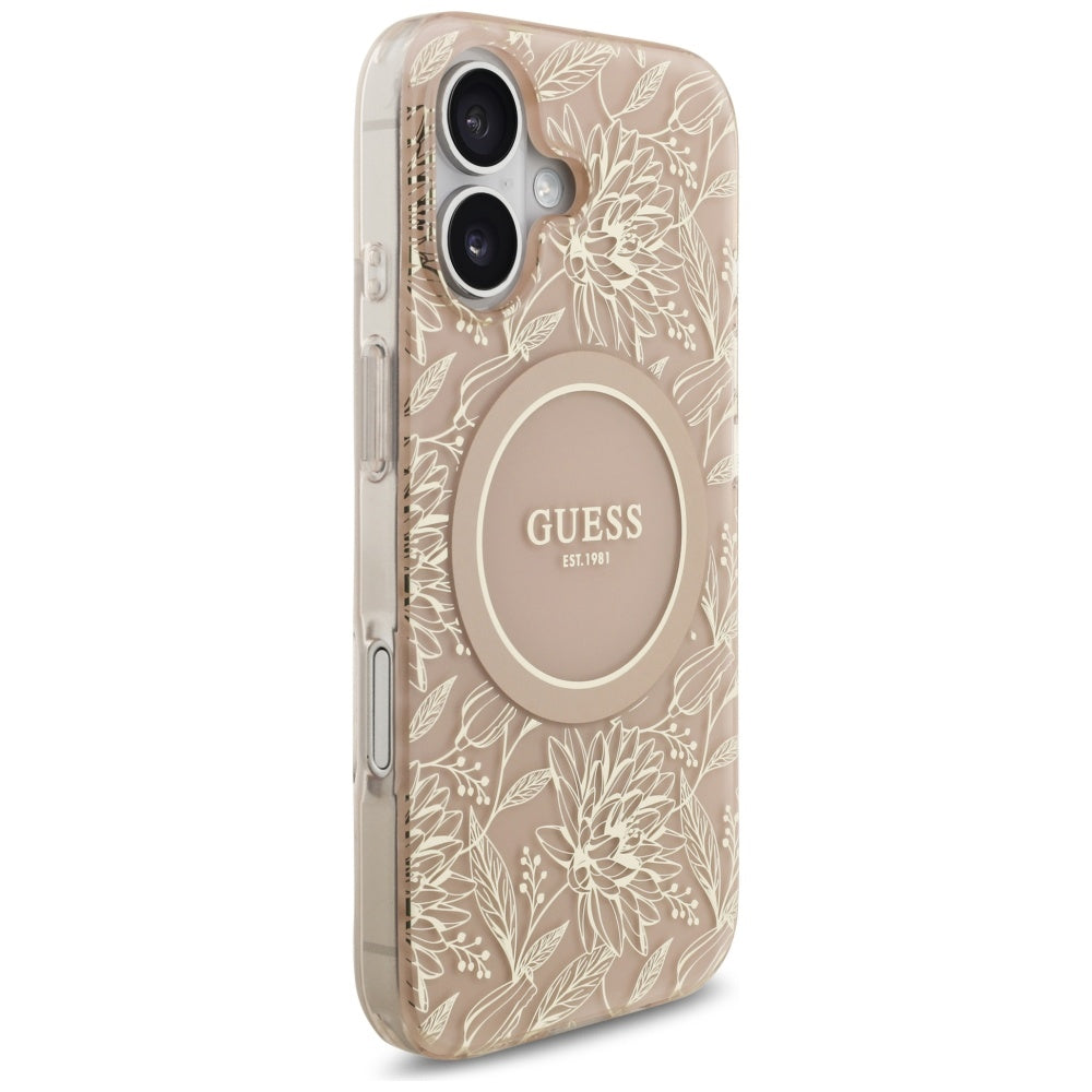 MagSafe-deksel for Apple iPhone 17, Guess, IML Flowers Allover Electroplated with Pearl Strap, Svart