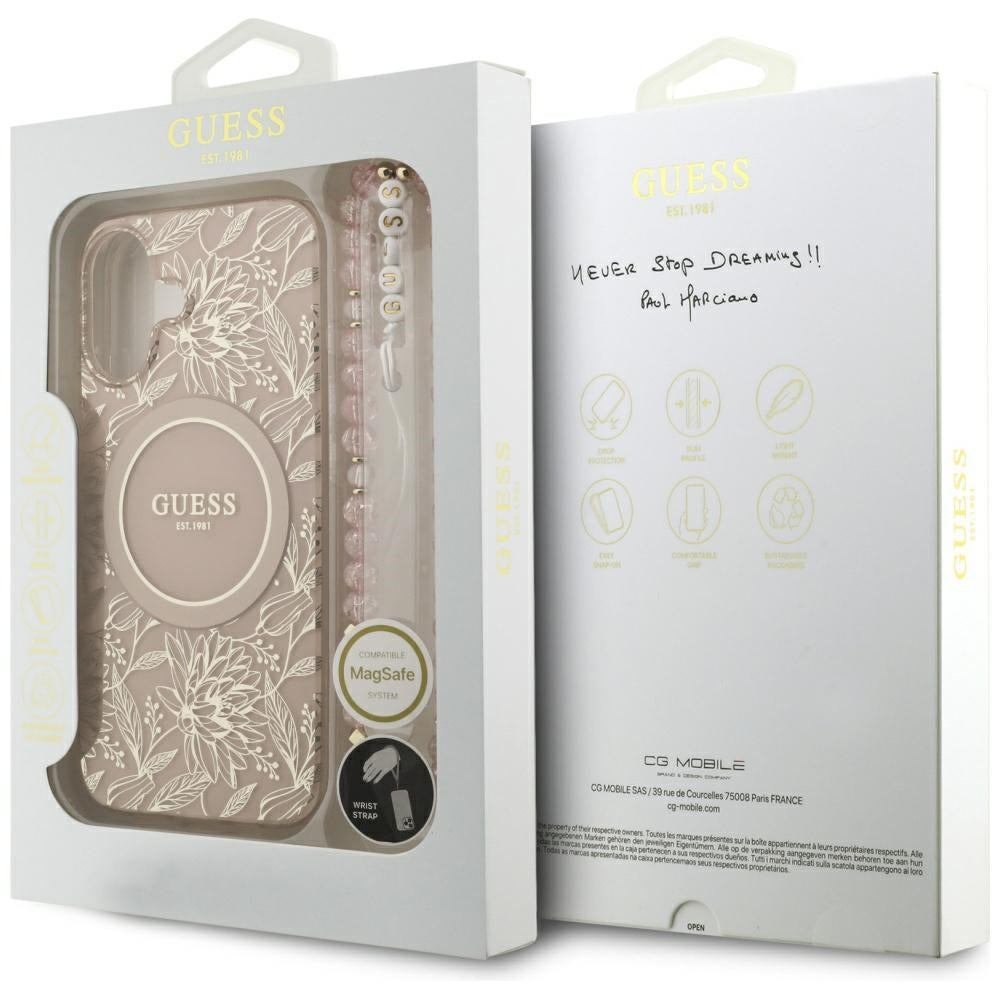 MagSafe-deksel for Apple iPhone 17, Guess, IML Flowers Allover Electroplated with Pearl Strap, Svart