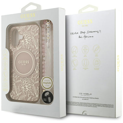 MagSafe-deksel for Apple iPhone 17, Guess, IML Flowers Allover Electroplated with Pearl Strap, Svart