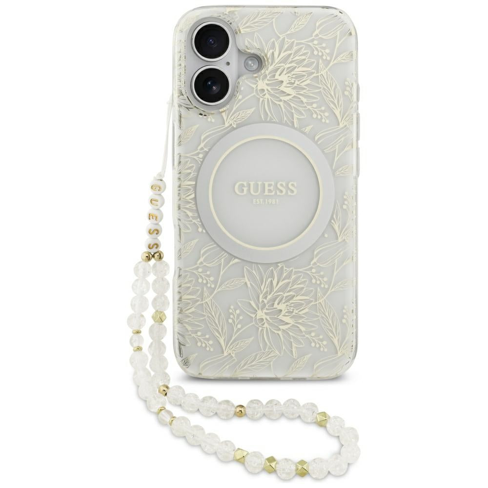 MagSafe-deksel for Apple iPhone 17, Guess, IML Flowers with Pearl Strap, Hvit