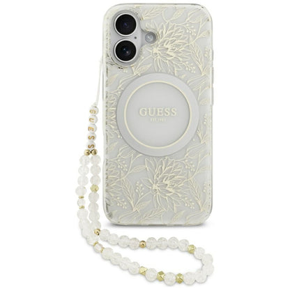 MagSafe-deksel for Apple iPhone 17, Guess, IML Flowers with Pearl Strap, Hvit