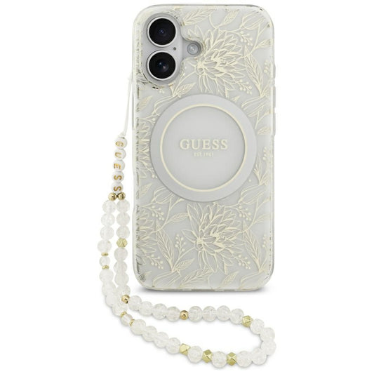 MagSafe-deksel for Apple iPhone 17, Guess, IML Flowers with Pearl Strap, Hvit
