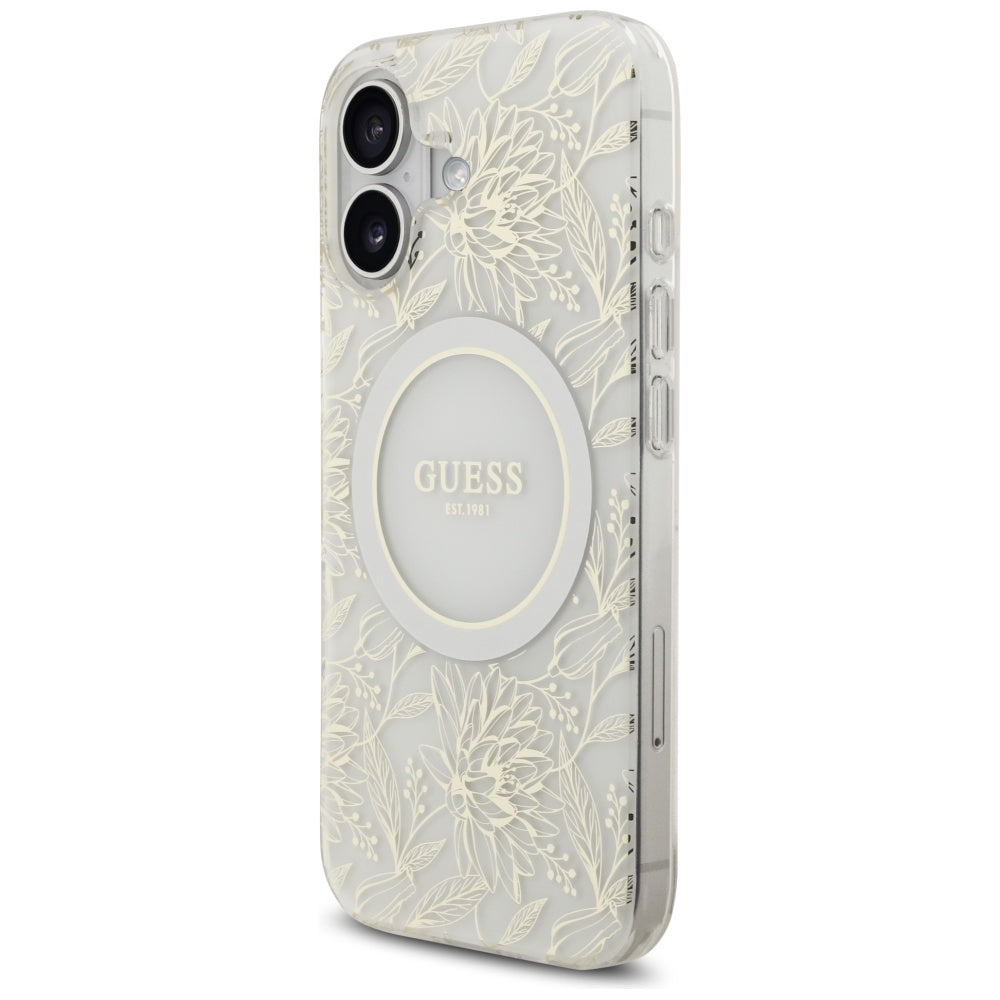 MagSafe-deksel for Apple iPhone 17, Guess, IML Flowers with Pearl Strap, Hvit